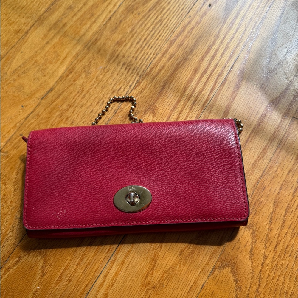 Coach Women's Red Leather Chain Wallet Crossbody